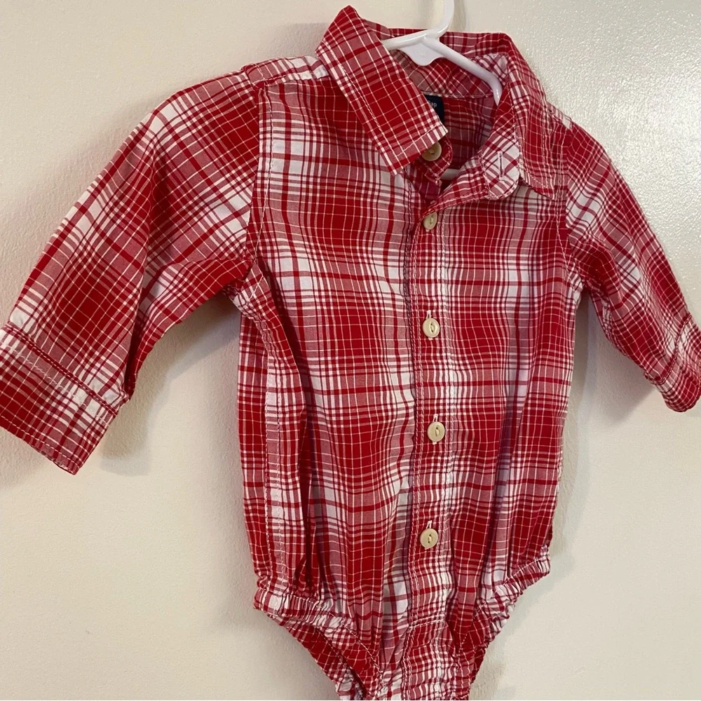 Red and white plaid long sleeve bodysuit with point collar